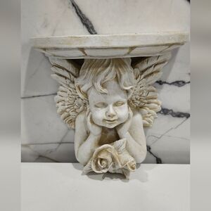 Vintage Cherub Cupid with Rose Shelf Set Mid-Century Modern Resin Angel Decor